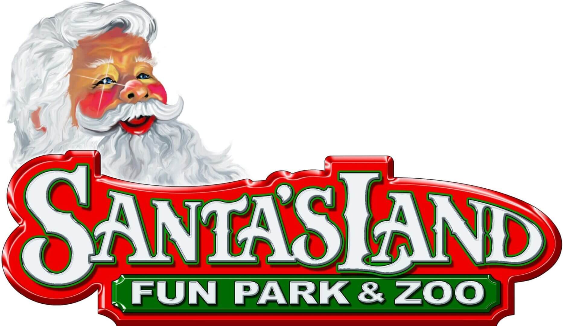 Santa's Land Fun Park & Zoo logo with festive colors and Santa Claus illustration.