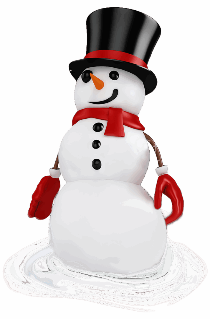 A cheerful snowman with a black hat, red scarf, and mittens.