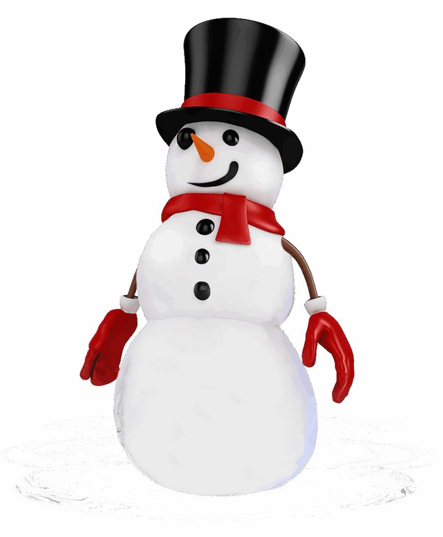 A cheerful snowman with a black top hat and red scarf.