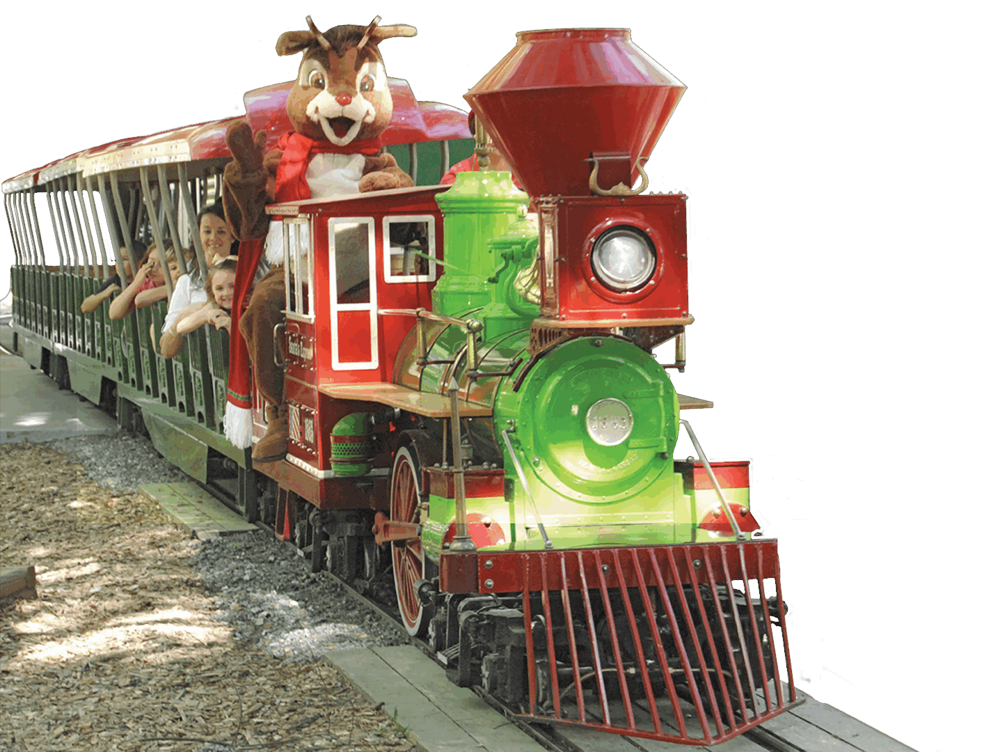 A colorful toy train with a cartoon character on top.