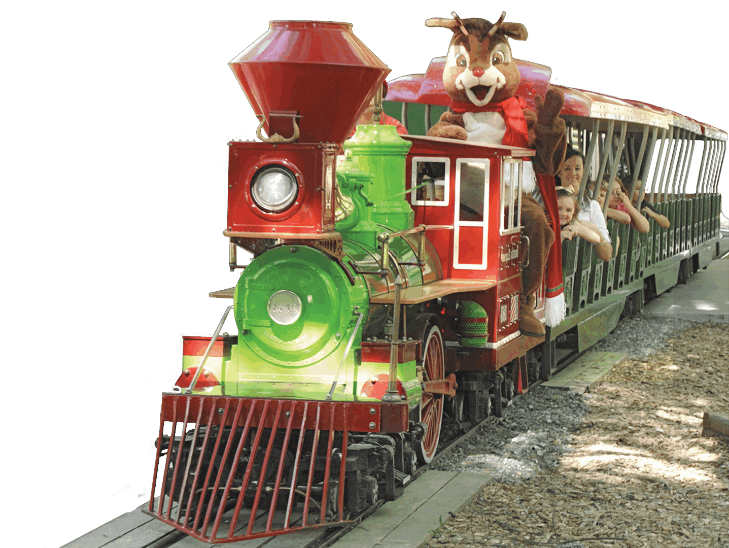 Children riding miniature train with costumed mascot