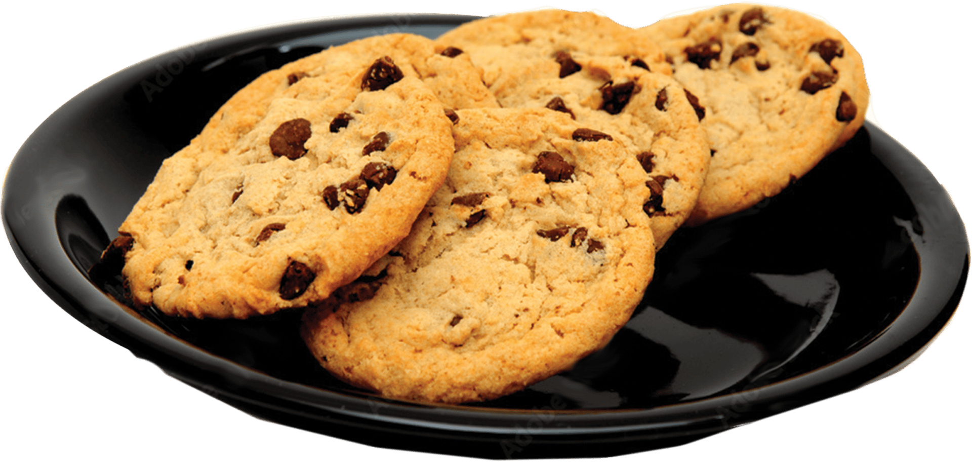 Chocolate chip cookies on a black plate