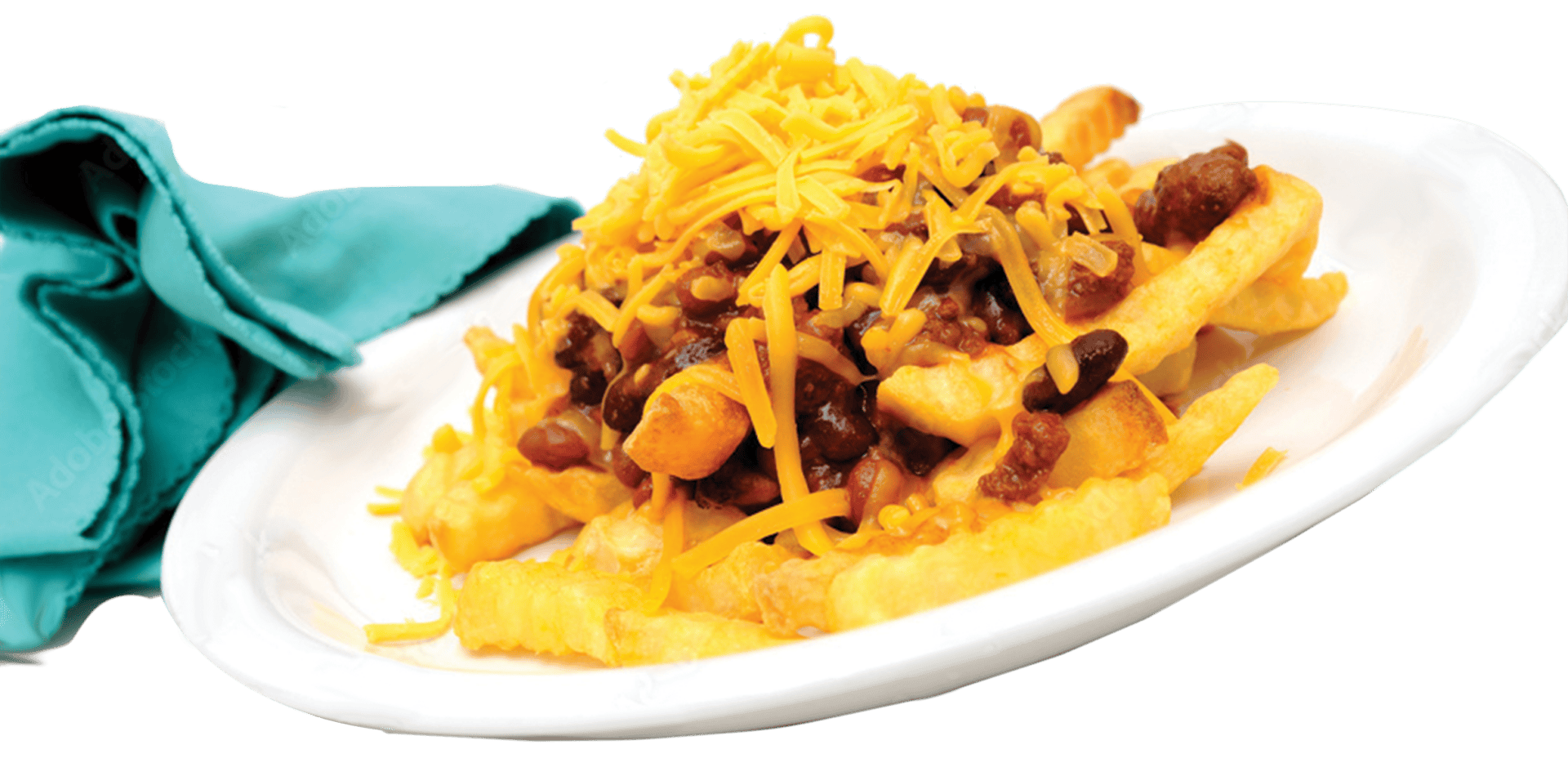 Chili cheese fries on white plate
