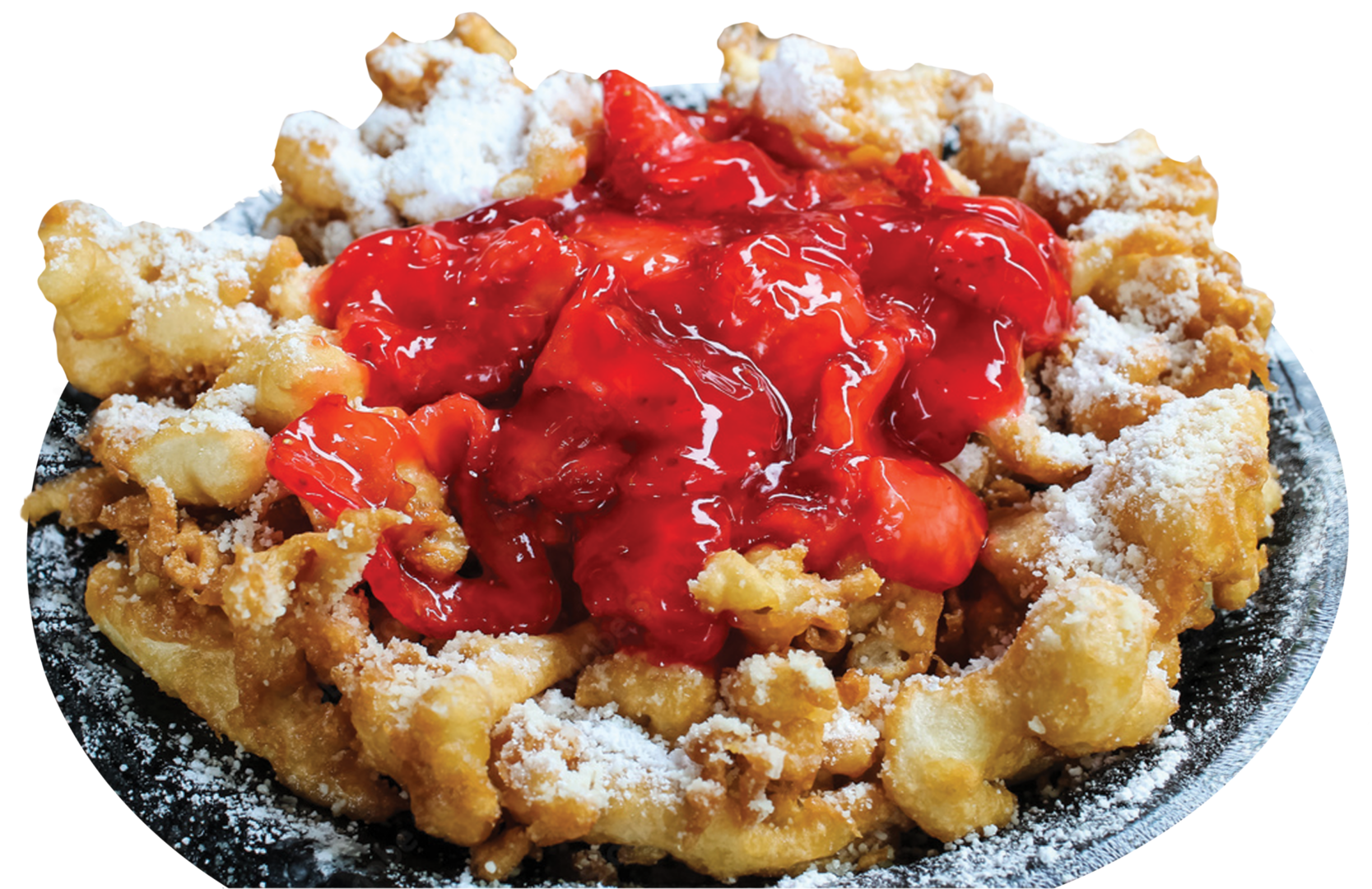 Funnel cake with strawberry topping and powdered sugar