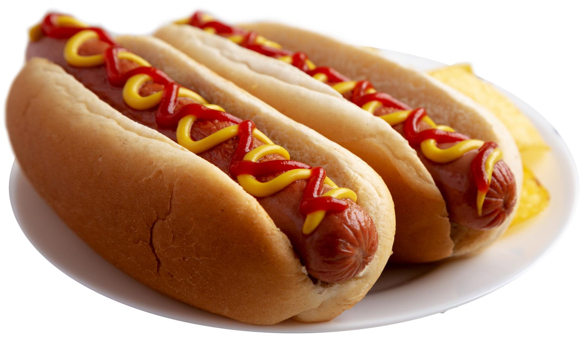 Three hot dogs with ketchup and mustard