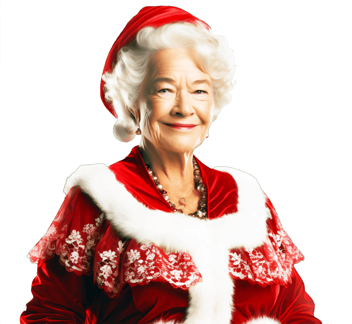 Smiling woman dressed as Mrs. Claus